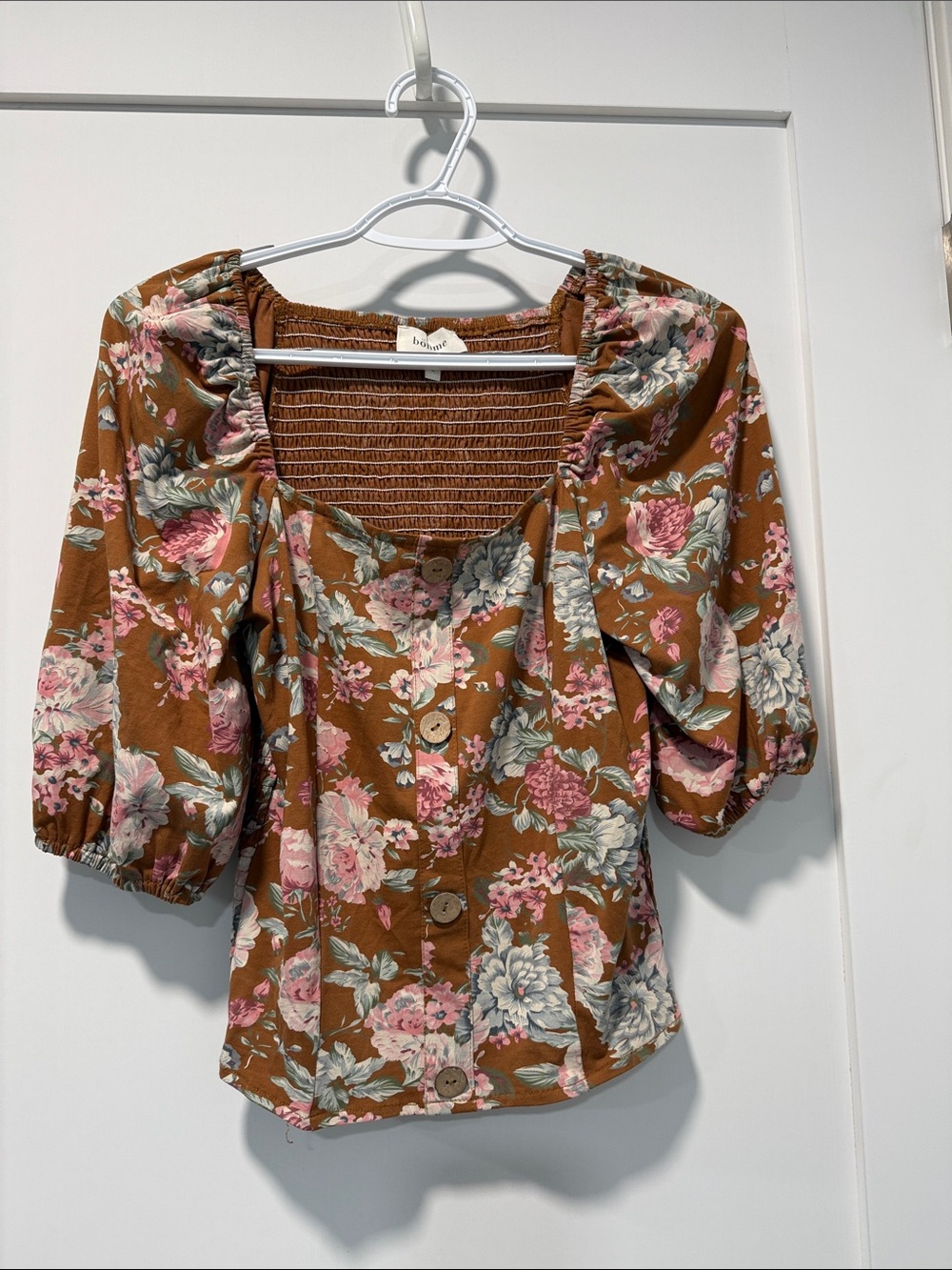 Blooming Square-Neck Puff Sleeve Top - Brown Floral